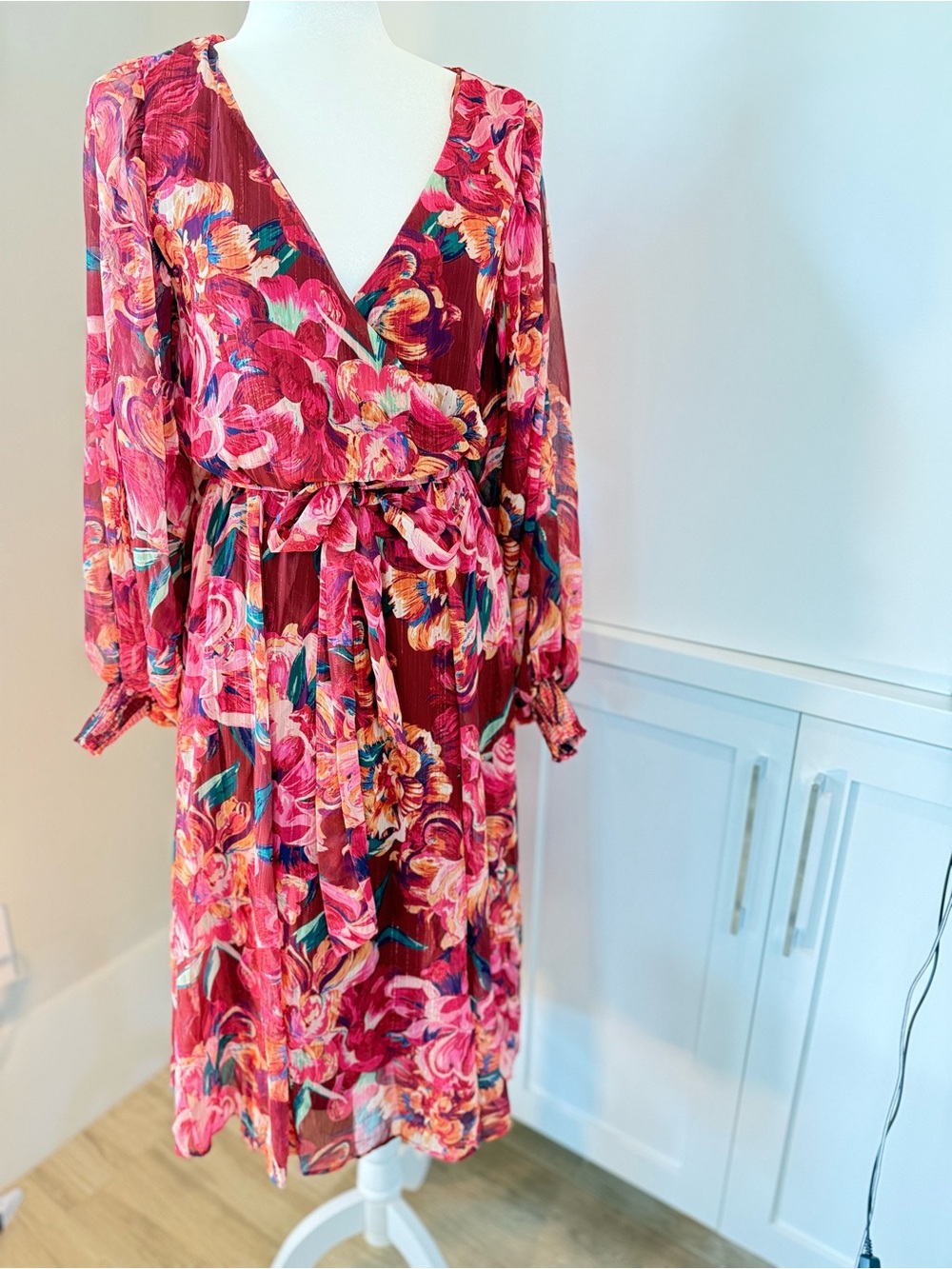Flying Tomato Magenta Floral Wrap Midi Dress